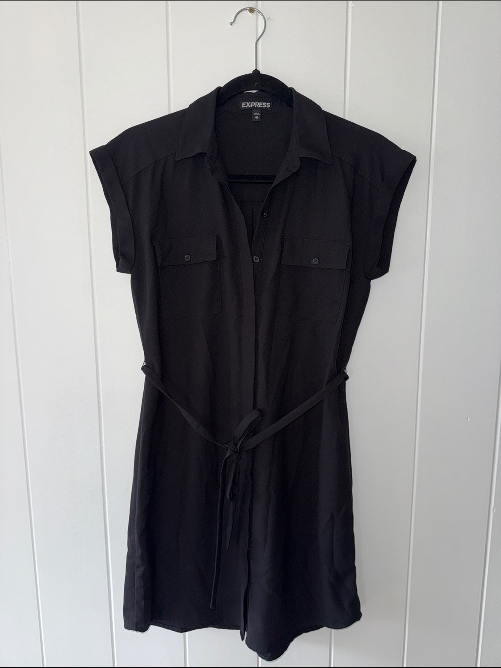 Express Black Short-Sleeve Shirt Dress with Tie Waist